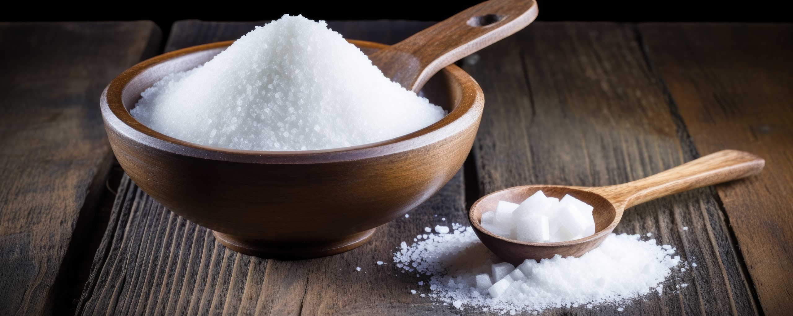 Bowl with white sand sugar on wooden table. Generative ai